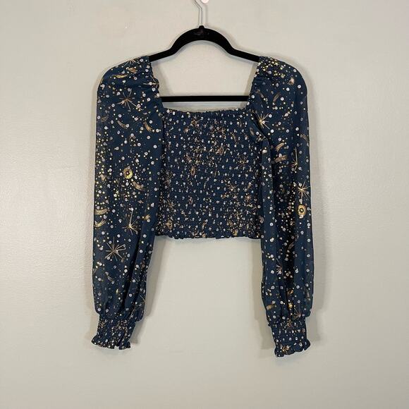 Urban Outfitters Smocked Crop Top Small Green Celestial Sparkling Milkmaid NWT - Picture 3 of 9